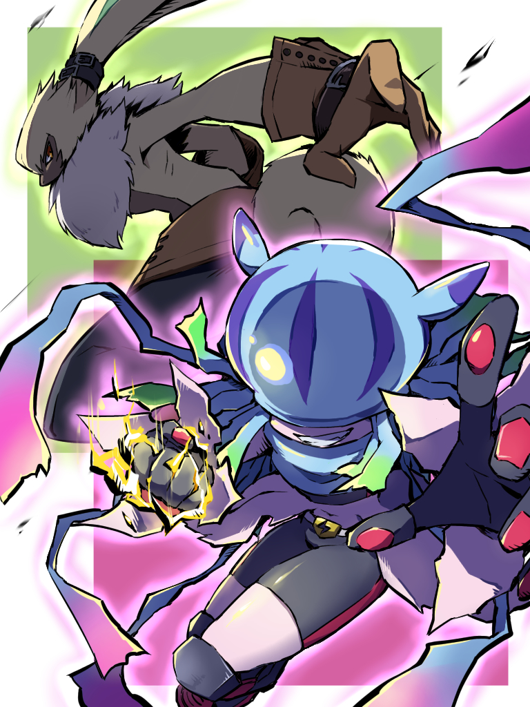 1boy 1girl ayo_(ayosanri009) black_pants black_shorts body_fur border clenched_hand covered_eyes cowboy_shot digimon digimon_(creature) digimon_ghost_game electricity green_background pants pink_background shorts simple_background smirk symbareangoramon teslajellymon white_border yellow_fur
