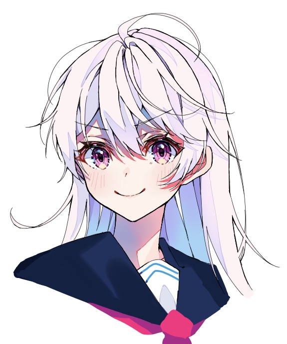 1girl ahoge blush closed_mouth colored_inner_hair gradient_hair long_hair looking_at_viewer messy_hair mika_pikazo_(style) multicolored_hair original portrait sailor_collar simple_background smile solo tori_hasegawa white_background