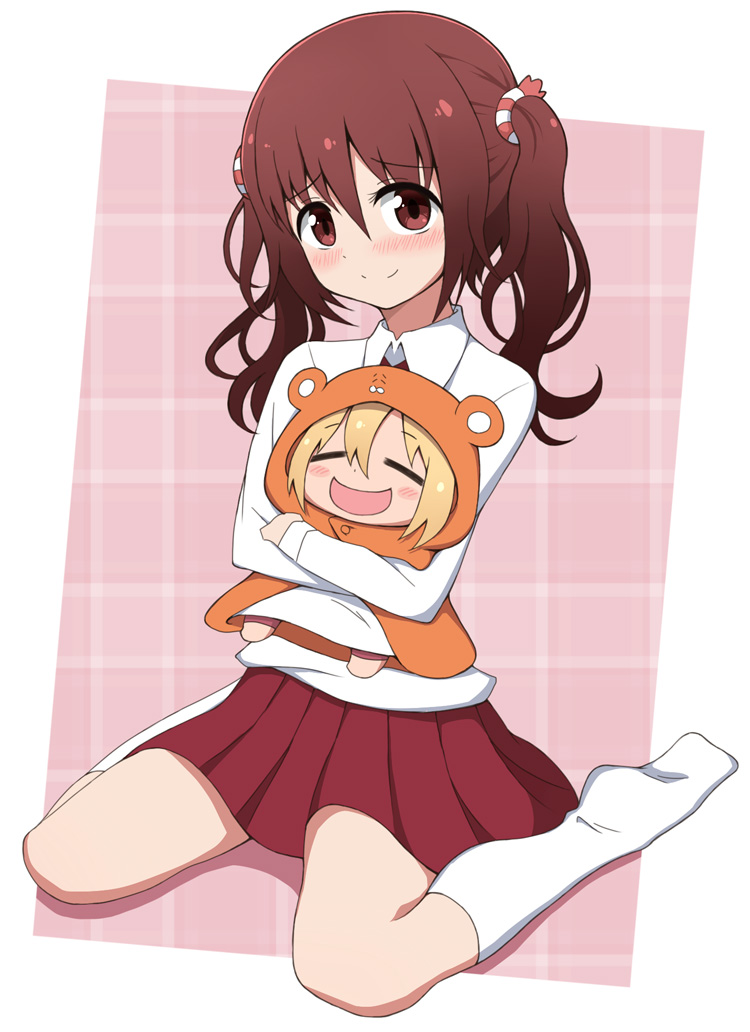 2girls blonde_hair brown_eyes brown_hair chibi doma_umaru ebina_nana hair_ribbon hamster_costume hamster_hood himouto!_umaru-chan long_sleeves multiple_girls nel-c no_shoes pleated_skirt red_skirt ribbon school_uniform shirt sitting skirt socks twintails wariza white_shirt white_socks