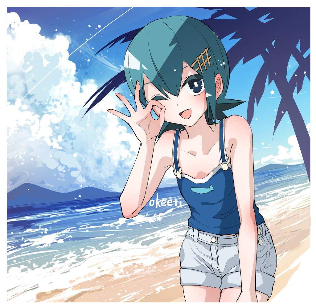 1girl beach blue_camisole blue_eyes bright_pupils camisole character_request check_character cloud commentary_request creatures_(company) day flat_chest game_freak grey_shorts hair_ornament lana_(pokemon) looking_at_viewer nintendo ok_sign ok_sign_over_eye one_eye_closed open_mouth outdoors pokeeti pokemon pokemon_sm short_hair short_shorts shorts sky smile solo white_pupils
