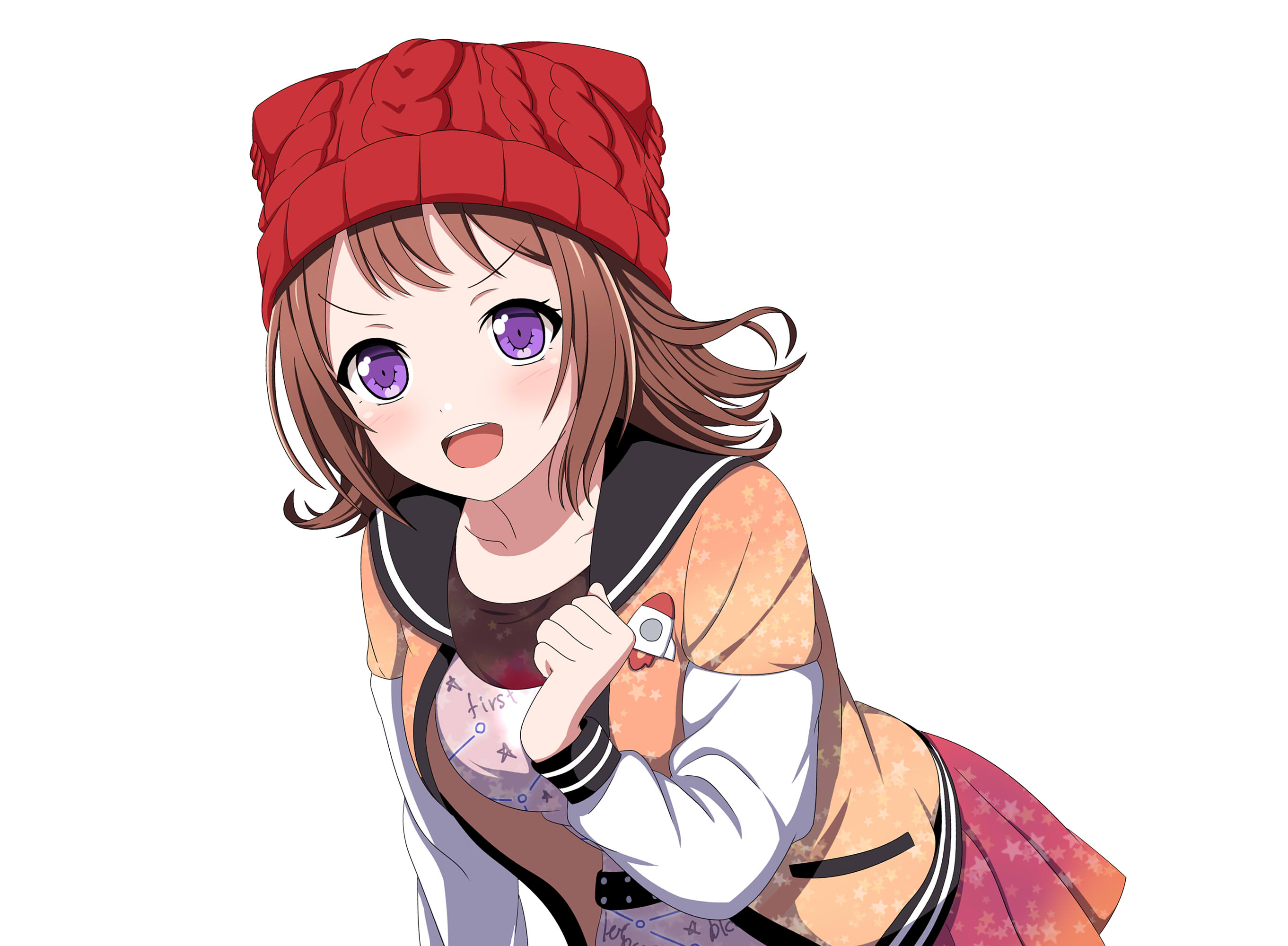 1girl :d bad_id bad_twitter_id bang_dream! black_sailor_collar blush breasts brown_hair collarbone dress hat highres inactive_account jacket knit_hat long_sleeves medium_breasts medium_hair miniskirt official_alternate_costume open_clothes open_jacket open_mouth orange_jacket pink_dress pleated_skirt purple_eyes red_hat red_skirt sailor_collar seiso-kei_yurufuwa_bishoujo sidelocks simple_background skirt smile solo teeth textless_version toyama_kasumi upper_teeth_only v-shaped_eyebrows white_background white_sleeves