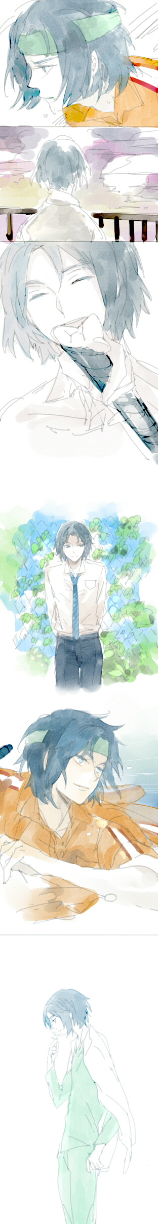 1boy ^_^ absurdres blue_eyes blue_hair blue_necktie blue_pants blue_sky broken bush chain-link_fence clenched_teeth closed_eyes cloud collared_shirt commentary_request day denim determined dress_shirt fence floating_clothes flower flower_to_mouth from_behind from_side furrowed_brow green_headband green_pants green_shirt grey_shirt headband highres holding holding_flower holding_tennis_racket jacket jacket_on_shoulders jeans long_image looking_ahead male_focus motion_lines multiple_views necktie open_mouth orange_jacket painting_(medium) pants parted_lips playing_sports purple_sky railing shirt short_hair short_sleeves sky smile speed_lines sportswear standing striped_necktie sunset suou_(sdurorhr) sweat tall_image teeth tennis_no_ouji-sama tennis_uniform thick_eyebrows track_jacket traditional_media watercolor_(medium) white_jacket yellow_shirt yukimura_seiichi
