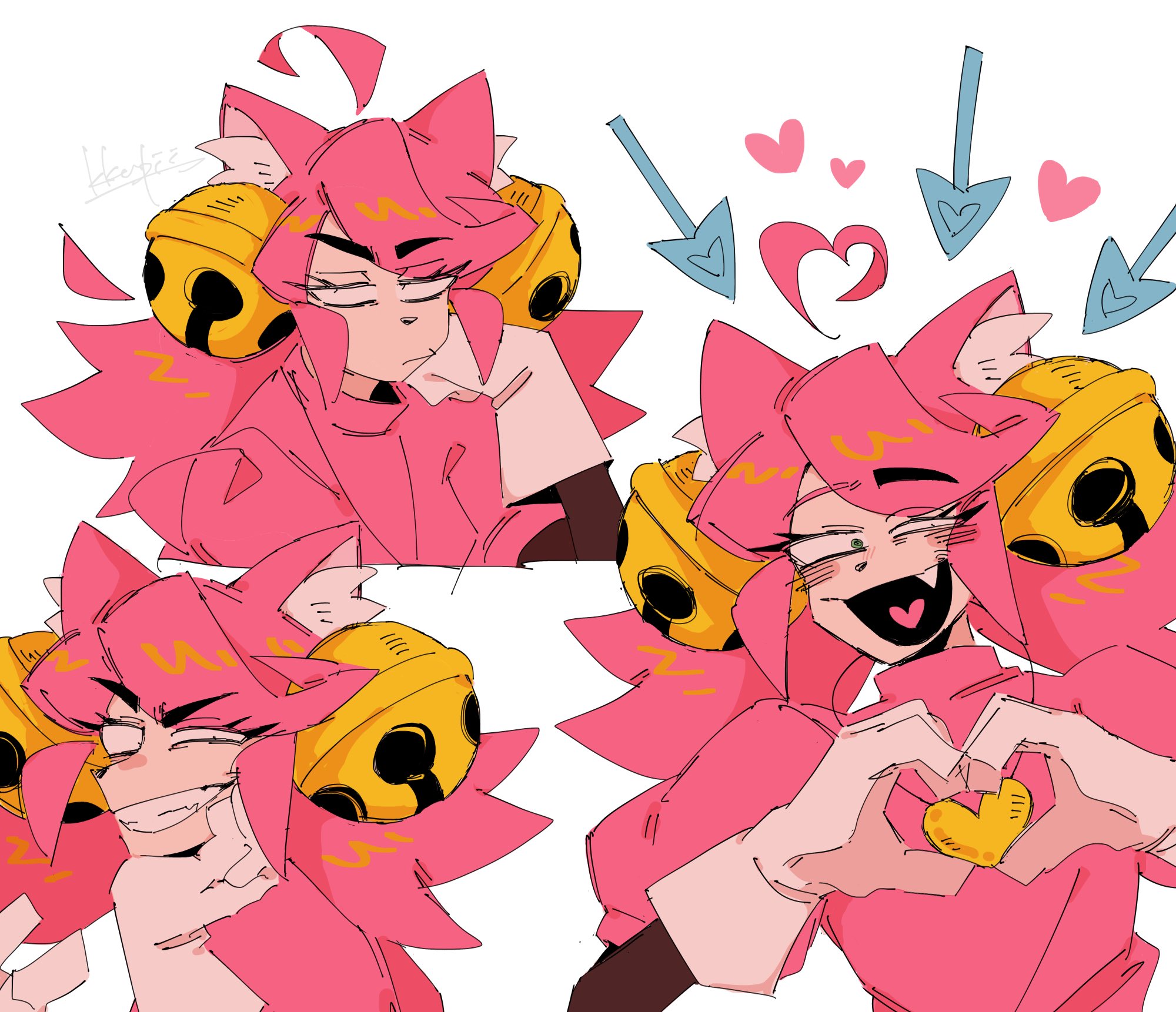 ahoge animal_ears bell cat_ears cat_girl detached_ahoge fang gloves hair_bell hair_ornament heart heart_hands heart_necklace heart_pendant highres jewelry jingle_bell kkupiii mad_mew_mew magical_girl necklace pink_fur pink_hair pink_shirt shirt small_pupils twintails undertale white_gloves