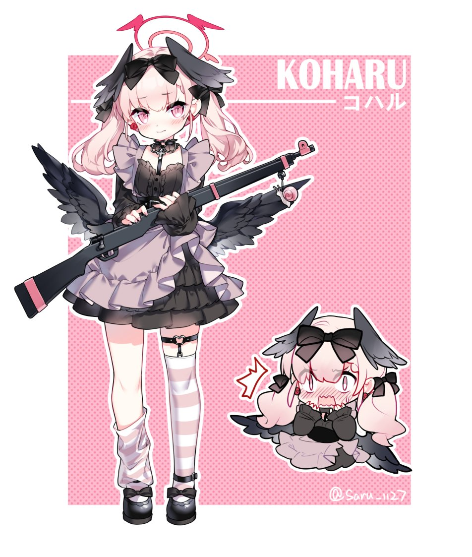 1girl ^^^ apron black_bow black_dress black_footwear black_wings blue_archive blush bolt_action bow character_name chibi closed_mouth dress earrings feathered_wings flower_earrings frilled_apron frills gun hair_bow halo hands_up head_wings holding holding_gun holding_weapon jewelry kneehighs koharu_(blue_archive) layered_dress long_hair long_sleeves low_wings multiple_views p14_enfield pink_background pink_eyes pink_hair pleated_dress polka_dot polka_dot_background puffy_long_sleeves puffy_sleeves purple_apron rifle saru shoes single_kneehigh single_sock single_thighhigh sleeves_past_wrists socks striped_clothes striped_socks striped_thighhighs thighhighs twintails twitter_username two-tone_background weapon white_background wings