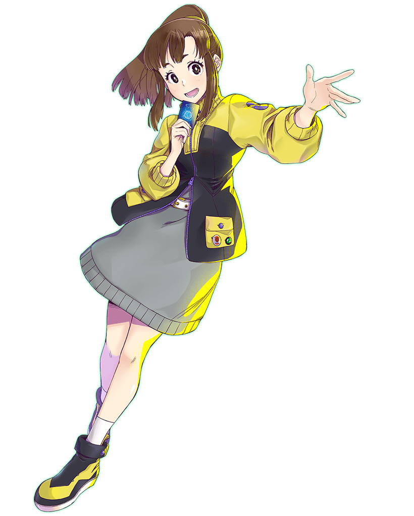 1girl archived_source black_jacket black_pantyhose black_shoes breasts brown_eyes brown_hair brown_shoes card digimon digimon_card_game digimon_liberator full_body grey_skirt high_ponytail holding holding_card jacket kinosaki_arisa long_hair medium_breasts official_art pantyhose ponytail shirt shoes simple_background skirt solo trading_card transparent_background white_shirt yellow_jacket