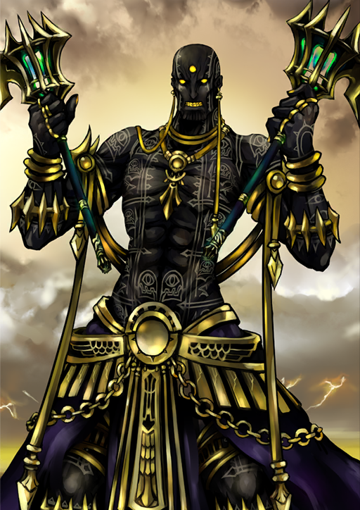 1boy arms_up bald black_skin bracelet brown_background cape clenched_hands clenched_teeth colored_skin darius_iii_(fate) earrings facial_tattoo fate/grand_order fate_(series) feet_out_of_frame full-body_tattoo gold_bracelet gold_earrings gold_ring holding holding_torch jewelry lightning looking_at_viewer male_focus multiple_bracelets multiple_rings muscular muscular_male no_eyebrows official_art pfalz purple_cape revision ring solid_eyes solo standing tattoo teeth third-party_source third_eye topless_male torch waist_cape yellow_eyes yellow_teeth