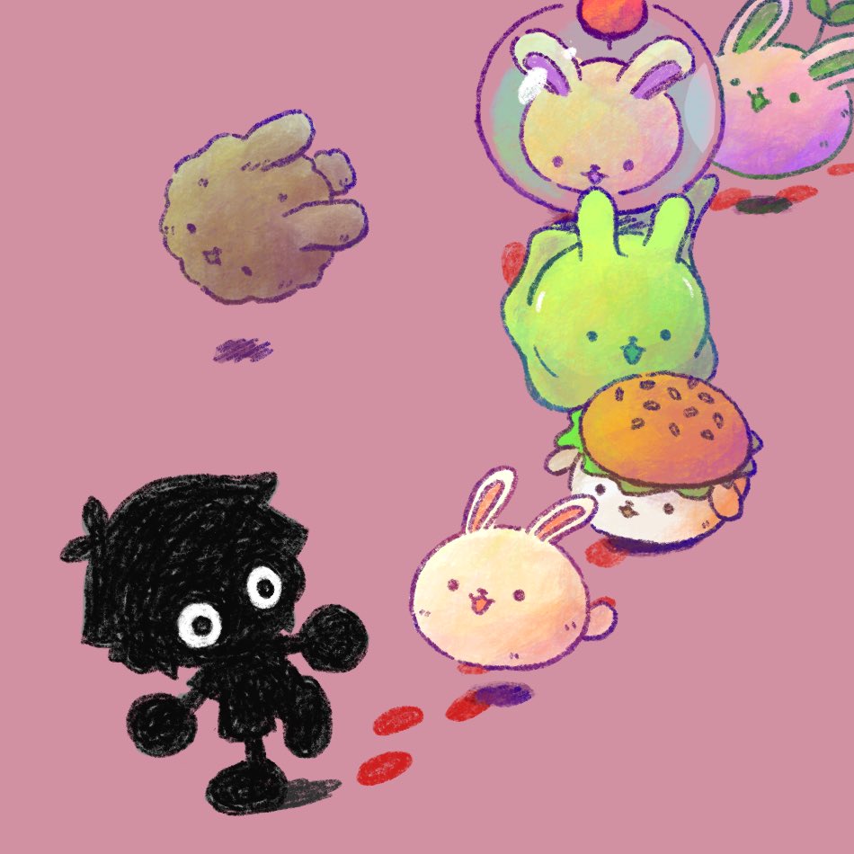 1boy bun_bunny_(omori) chibi chibi_only dust_bunny_(omori) footprints forest_bunny_(omori) omori pink_background short_hair simple_background slime_bunny_(omori) solo space_bunny_(omori) sprout_bunny_(omori) stranger_(omori) sun_iiinu white_eyes