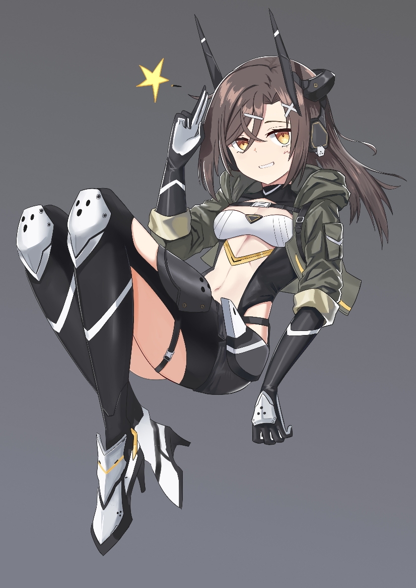 1girl breasts brown_hair christina_brecht cleavage counter:side gloves grey_background hair_ornament hairclip hiyamastar knee_pads long_hair looking_at_viewer navel small_breasts solo star_(symbol) x_hair_ornament yellow_eyes
