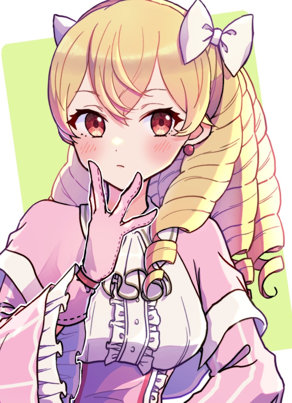 1girl blonde_hair blush bow closed_mouth dress drill_hair earrings eyelashes fire_emblem fire_emblem_awakening gloves gogatsu_(yeaholiday) hair_between_eyes hair_bow highres jewelry long_hair long_sleeves looking_at_viewer maribelle_(fire_emblem) nintendo pink_dress pink_gloves red_eyes solo upper_body white_bow