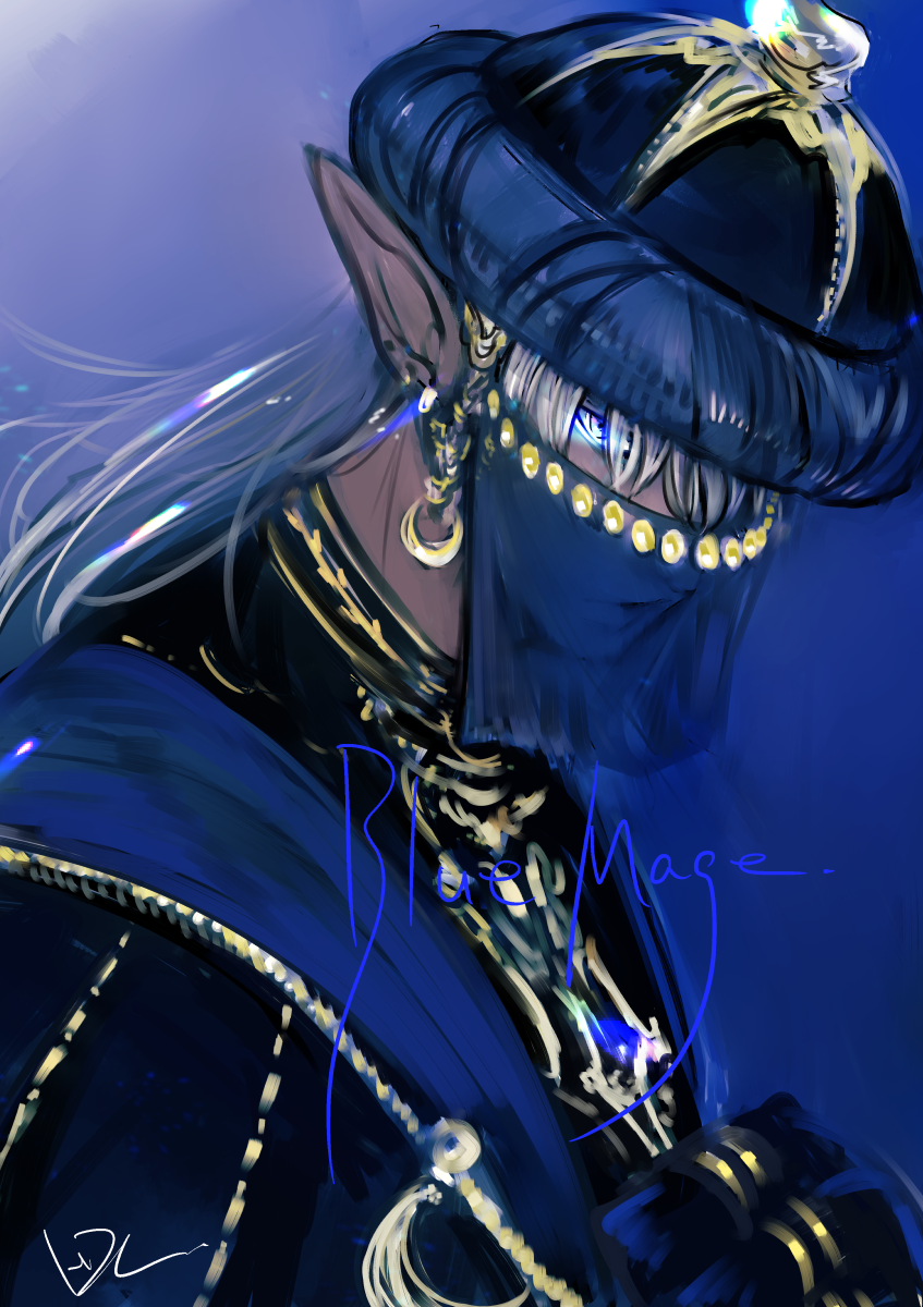 1boy adventurer_(ff11) blue_eyes blue_hat blue_mage_(final_fantasy) dark-skinned_male dark_skin doraeshi elf elvaan final_fantasy final_fantasy_xi gold gradient_background hair_over_one_eye hat highres long_hair male_focus pointy_ears solo upper_body veil white_hair