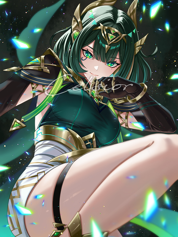 1girl black_gloves breasts cinquecento claws elbow_gloves fake_claws genshin_impact gloves green_eyes green_hair green_shirt knee_up light_particles looking_at_viewer mark_under_eye medium_breasts mole mole_under_eye nefer_(genshin_impact) shirt shorts skirt smile solo symbol-shaped_pupils triangle-shaped_pupils usekh_collar white_skirt
