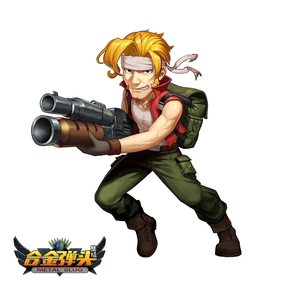 1boy backpack bag black_gloves blonde_hair blue_eyes chinese_commentary copyright_name full_body gloves green_pants grin gun hairband holding holding_gun holding_weapon jacket lisong_shen looking_at_viewer male_focus marco_rossi medium_hair metal_slug pants pocket red_jacket shirt simple_background smile solo weapon white_background white_hairband white_shirt