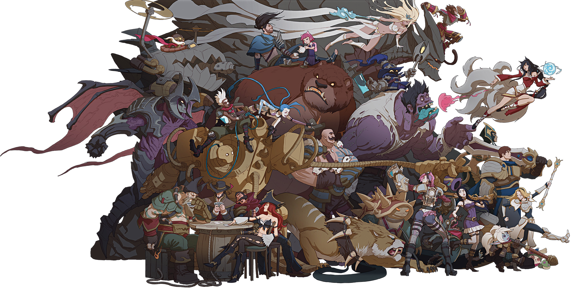 6+boys 6+girls aatrox ahri_(league_of_legends) aircraft animal_ears annie_(league_of_legends) armor ass bald barrel bear beard black_hair blitzcrank blonde_hair blue_hair braid braum_(league_of_legends) breasts brown_hair caitlyn_(league_of_legends) card cassiopeia_(league_of_legends) chair character_request child cigar colored_skin commentary corki crate cup dark-skinned_male dark_skin demon_wings dr._mundo ekko_(league_of_legends) english_commentary facial_hair fox_ears fox_tail gangplank_(league_of_legends) garen_(league_of_legends) gauntlets graves_(league_of_legends) gun hammer hat unworn_hat unworn_headwear heart highres holding holding_card holding_gun holding_hammer holding_staff holding_sword holding_wand holding_weapon janna_(league_of_legends) jason_chan jinx_(league_of_legends) kyuubi lamia large_breasts league_of_legends long_hair lux_(league_of_legends) machine_gun malphite mechanical_arms medium_breasts medium_hair miss_fortune_(league_of_legends) monkey_tail monster monster_girl multiple_boys multiple_girls multiple_tails muscular muscular_male mustache navel official_art orb pink_hair pirate_hat playing_card playing_games pointy_ears ponytail poppy_(league_of_legends) poro_(league_of_legends) propeller purple_skin rammus rifle robot rope sabretooth_tiger sharp_teeth short_hair shoulder_armor shoulder_tattoo sitting spiked_shell staff sword syringe table tail tattoo teacup teapot teeth tibbers tongue tongue_out torn_clothes twin_braids twisted_fate veigar veins very_long_hair vi_(league_of_legends) wand weapon white_hair wings wukong_(league_of_legends) yasuo_(league_of_legends) yellow_eyes yordle