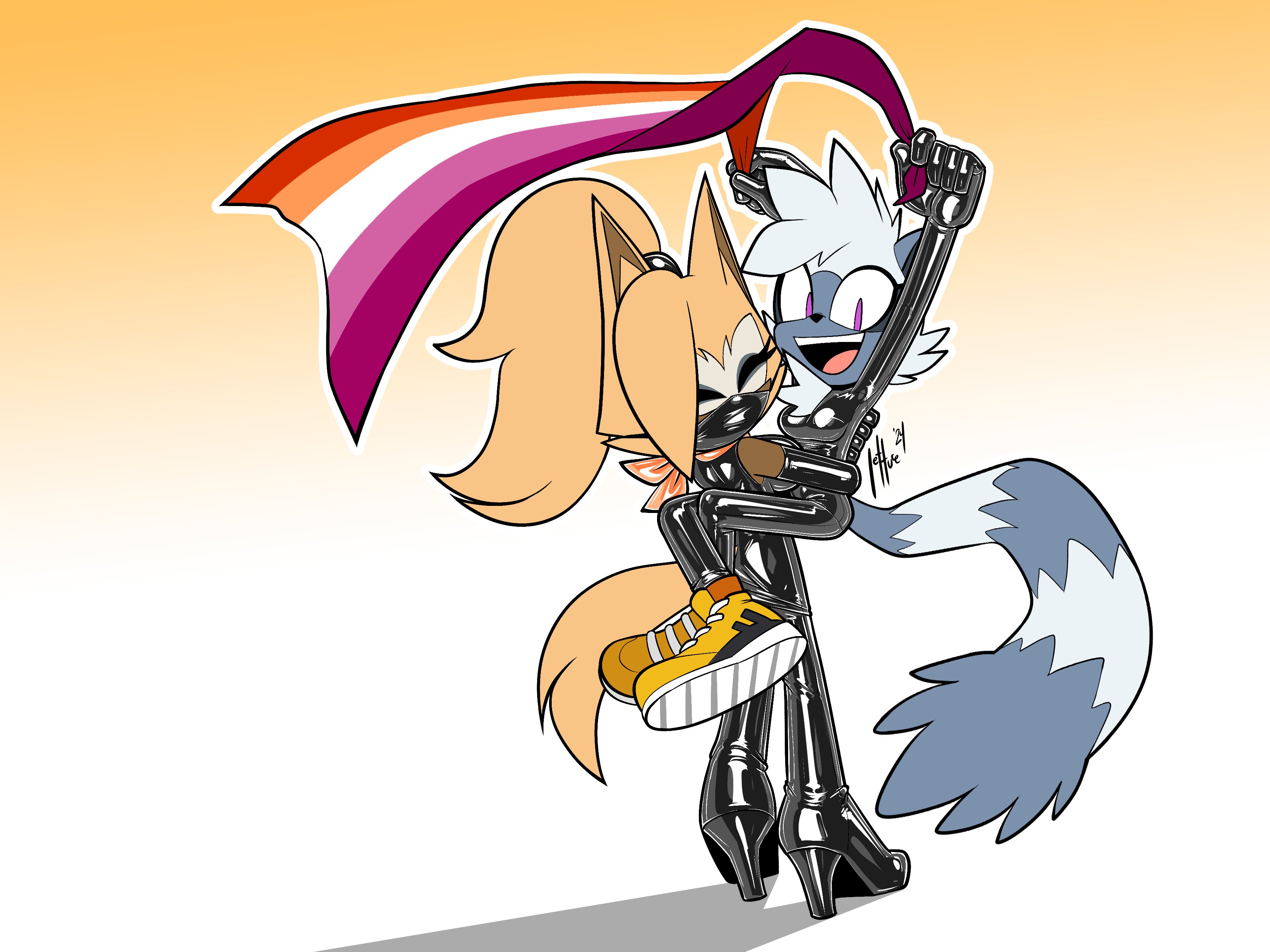 2girls absurdres bodysuit boots gloves high_heels highres holding_person latex latex_bodysuit latex_boots latex_gloves lesbian_flag multiple_girls qqlettuce sega shoes sneakers sonic_(series) sonic_the_hedgehog_(idw) tangle_the_lemur whisper_the_wolf yuri