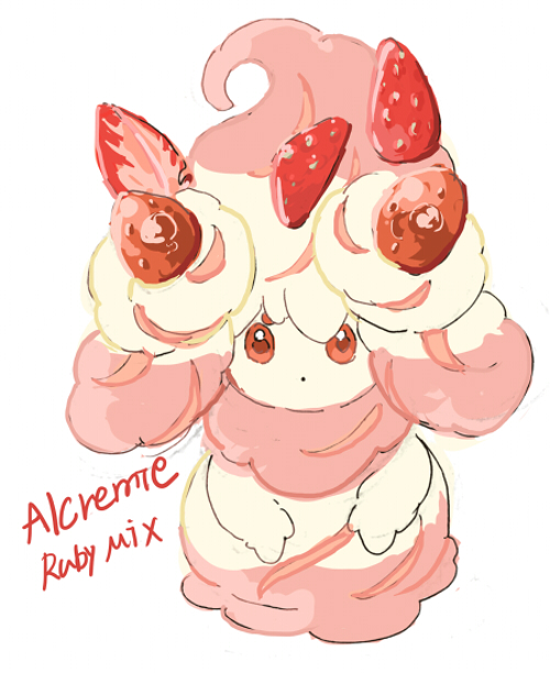 1girl alcremie alcremie_(ruby_swirl) alcremie_(strawberry_sweet) blonde_hair cc8nw42u15apug0 character_name colored_skin food fruit full_body gen_8_pokemon hair_ornament long_hair looking_at_viewer multicolored_hair nintendo pink_hair pokemon pokemon_(creature) red_eyes simple_background solo strawberry two-tone_hair white_background yellow_skin