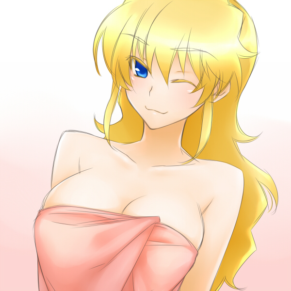 1girl ;3 blonde_hair blue_eyes breasts cleavage collarbone excellen_browning female_focus hair_down large_breasts long_hair mayo-black naked_towel one_eye_closed smile solo super_robot_wars super_robot_wars_original_generation towel wink