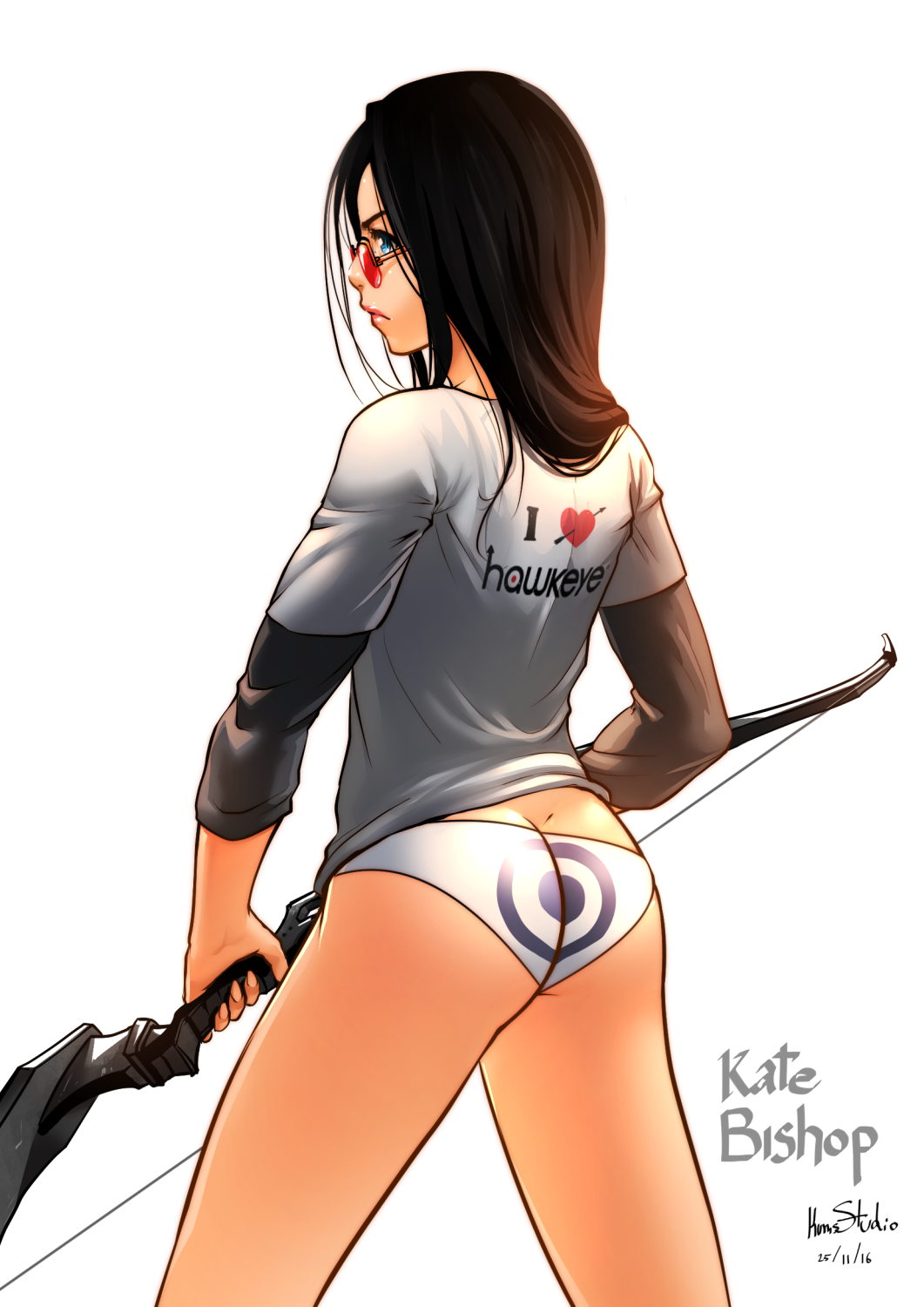 1girl ass bare_legs blue_eyes bow_(weapon) brown_hair butt_crack from_behind glasses hawkeye_(marvel) highres holding holding_bow_(weapon) holding_weapon kate_bishop legs long_sleeves marvel no_pants non-web_source panties print_panties solo underwear weapon white_background white_panties