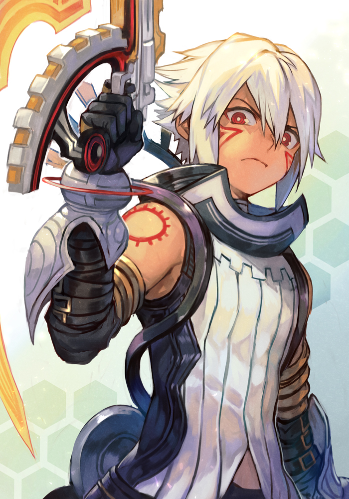 .hack// .hack//g.u. 1boy armor black_armor black_gloves closed_mouth facial_mark gloves gun handgun haseo_(.hack//) holding holding_gun holding_weapon hungry_clicker male_focus pants pistol red_eyes solo spiked_hair tattoo weapon white_hair