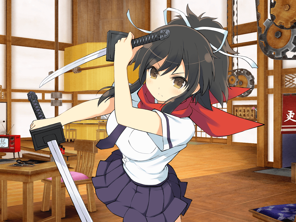 1girl architecture asuka_(senran_kagura) black_hair blue_necktie blue_skirt blush breast_pocket breasts brown_eyes chair closed_mouth dual_wielding east_asian_architecture gears hair_ribbon hanzou_academy_school_uniform holding holding_sword holding_weapon indoors large_breasts looking_at_viewer miniskirt necktie ninto_(senran_kagura) official_art pleated_skirt pocket ponytail red_scarf reverse_grip ribbon scarf school_uniform senran_kagura senran_kagura_new_link senran_kagura_shoujo-tachi_no_shin&#039;ei shirt short_hair short_ponytail short_sleeves sidelocks skirt solo sword table television tsuba_(guard) wakizashi weapon white_ribbon white_shirt yaegashi_nan