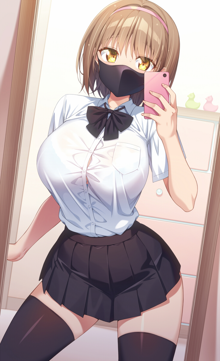 1girl black_bow black_bowtie black_skirt black_thighhighs bow bowtie bra_visible_through_clothes breasts brown_eyes brown_hair button_gap cellphone highres holding holding_phone hotaka_mai kazuma_(kazumav) large_breasts looking_at_viewer mask mirror_selfie mouth_mask original phone selfie shirt short_hair skirt solo thighhighs white_shirt zettai_ryouiki