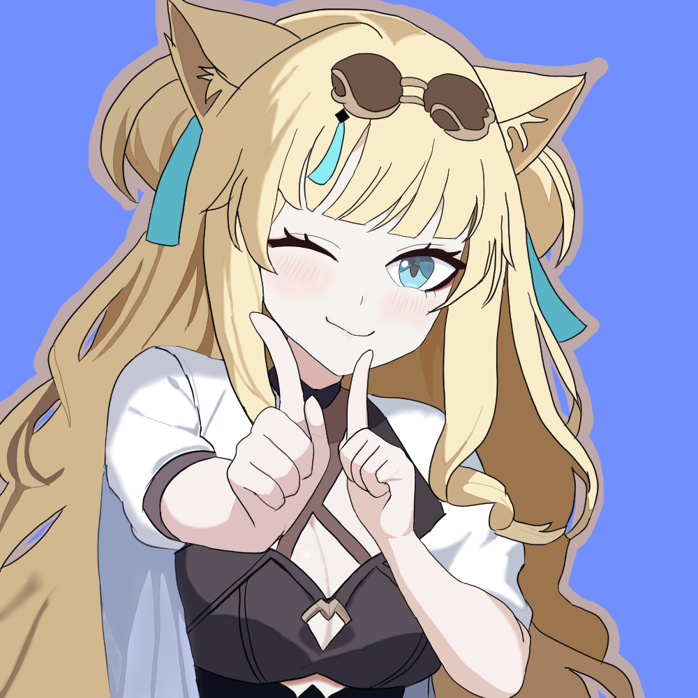 1girl ;) animal_ears aquamarine725 black_dress blonde_hair blue_background blue_eyes breasts brown_outline cat_ears cleavage cleavage_cutout closed_eyes clothing_cutout dress glasses honkai_(series) honkai_impact_3rd jacket koi_dance long_hair looking_at_viewer one_eye_closed outline pince-nez simple_background smile solo songque songque_(astralop) white_jacket