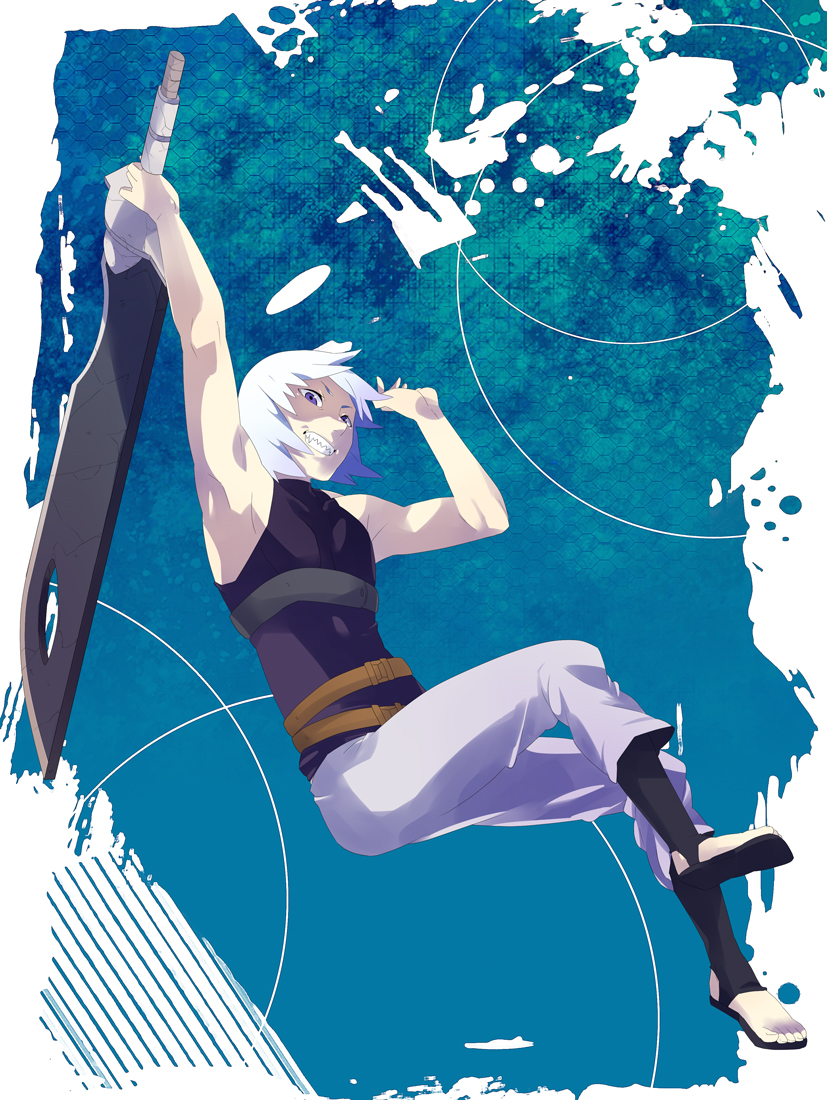 1boy armpits hoozuki_suigetsu huge_weapon kubikirihouchou menoco naruto_(series) naruto_shippuuden sharp_teeth sleeveless sword teeth water weapon white_hair zanbatou