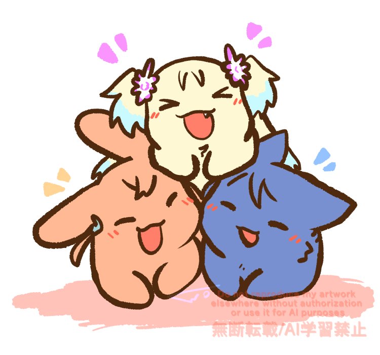 &gt;_&lt; :3 :d ^_^ animal animal_focus animalization blush closed_eyes commentary_request dog fang flower hair_flower hair_ornament hikaze26 hinoshita_kaho link!_like!_love_live! love_live! murano_sayaka no_humans open_mouth osawa_rurino pink_flower rabbit rabbit_hair_ornament simple_background smile virtual_youtuber watermark white_background wolf x3 xd