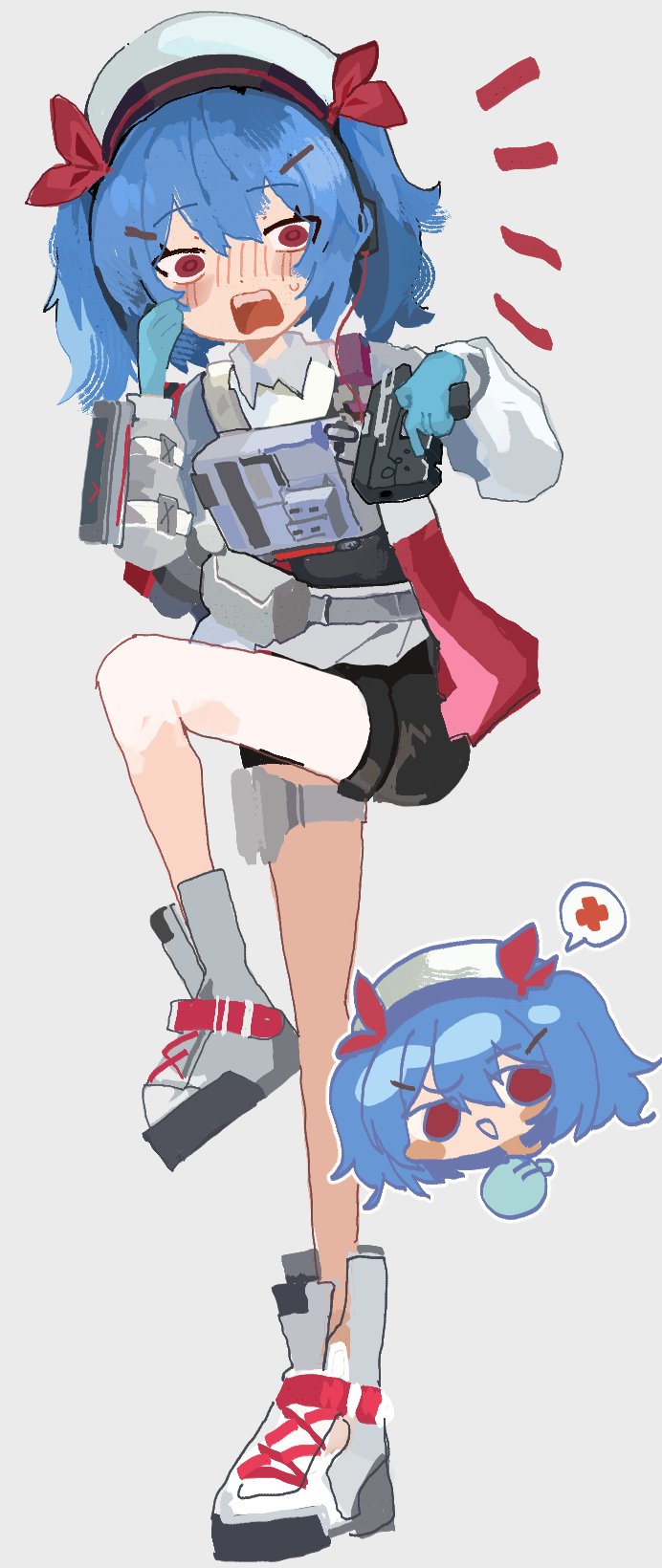 1girl ammunition_pouch blue_gloves blue_hair blush chibi chibi_inset colphne_(girls&#039;_frontline_2) girls&#039;_frontline girls&#039;_frontline_2:_exilium gloves gun hair_between_eyes hair_ornament hair_ribbon hairpin handgun hat highres holding holding_gun holding_weapon latex latex_gloves looking_at_viewer medium_hair multiple_hairpins odmised open_mouth pouch red_eyes ribbon shorts solo taurus_curve twintails weapon white_footwear white_hat