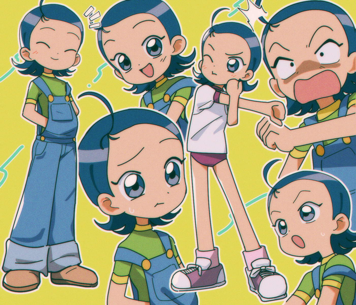 1girl :d :o :t ;t ^_^ ahoge blue_eyes blue_hair blue_overalls buruma child closed_eyes closed_mouth green_shirt gym_shirt gym_uniform highres nzeneee ojamajo_doremi open_mouth outline overalls red_buruma senoo_aiko shirt short_hair short_sleeves smile solo sweatdrop t-shirt wavy_mouth white_outline white_shirt yellow_background