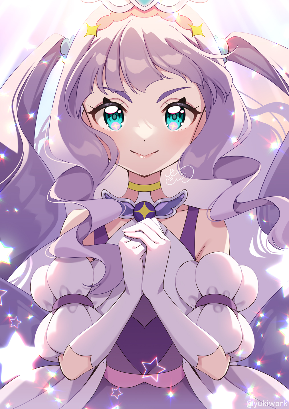 1girl artist_name backlighting blue_eyes brooch closed_mouth clothing_cutout commentary cure_majesty dress ellee-chan gloves hair_ornament highres hirogaru_sky!_precure jewelry long_hair own_hands_together praying precure purple_dress purple_hair short_sleeves shoulder_cutout signature smile solo sparkle star_(symbol) twitter_username two_side_up upper_body very_long_hair white_gloves wind wing_brooch wing_hair_ornament yukinko_(yukiwork)