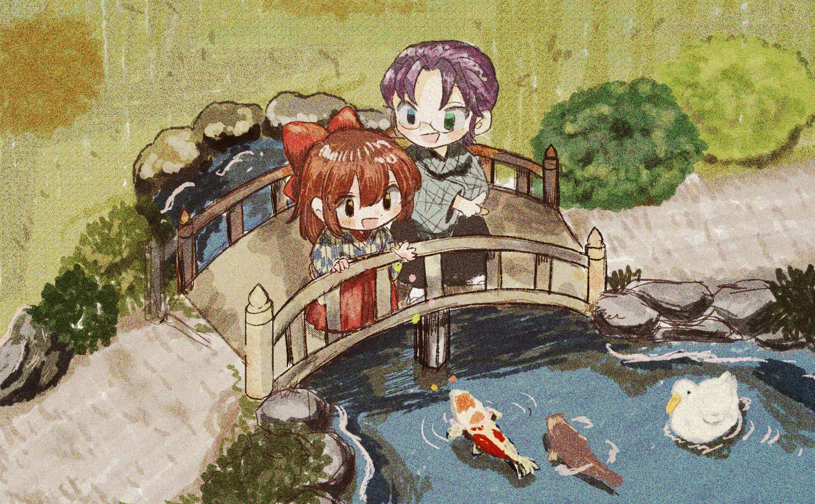1boy 1girl ayazuki_mei bird black_eyes black_footwear black_hakama blue_eyes blue_kimono blue_sleeves blush_stickers bow bridge brown_hair bush checkered_clothes checkered_kimono checkered_sleeves chibi commentary_request double-parted_bangs driftwood duck forehead full_body glasses grass green_eyes grey_kimono grey_sleeves hair_bow hakama hakama_skirt hand_on_own_hip heterochromia highres japanese_clothes kimono koi koizumi_yakumo_(meiji_tokyo_renka) long_sleeves looking_at_animal looking_at_another medium_hair meiji_tokyo_renka open_mouth outdoors path pointing purple_hair red_bow red_hakama road rock round_eyewear sandals short_hair short_kimono skirt smile socks standing stream sugi_haeru two-tone_kimono two-tone_sleeves white_socks wide_sleeves yellow_kimono yellow_sleeves zouri