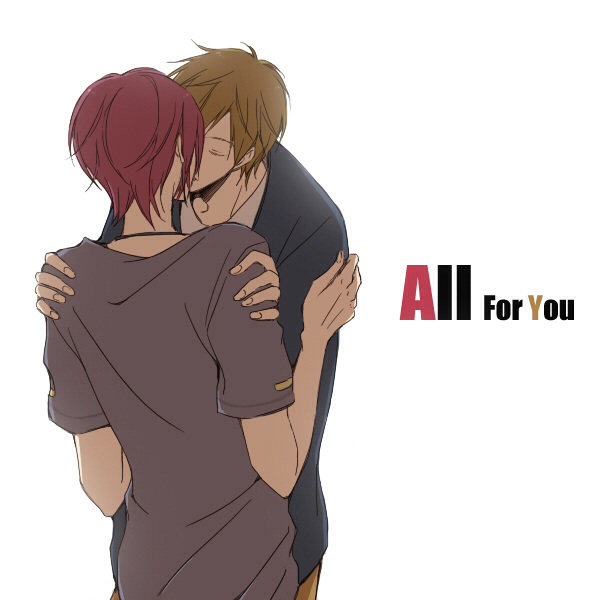 2boys black_jacket brown_hair brown_pants commentary couple cowboy_shot crew_neck english_commentary english_text free! grey_shirt hand_on_another&#039;s_arm hands_on_another&#039;s_shoulders jacket juti kiss leaning leaning_forward male_focus matsuoka_rin multiple_boys open_clothes open_jacket pants red_hair shirt short_sleeves simple_background standing t-shirt tachibana_makoto white_background white_shirt yaoi