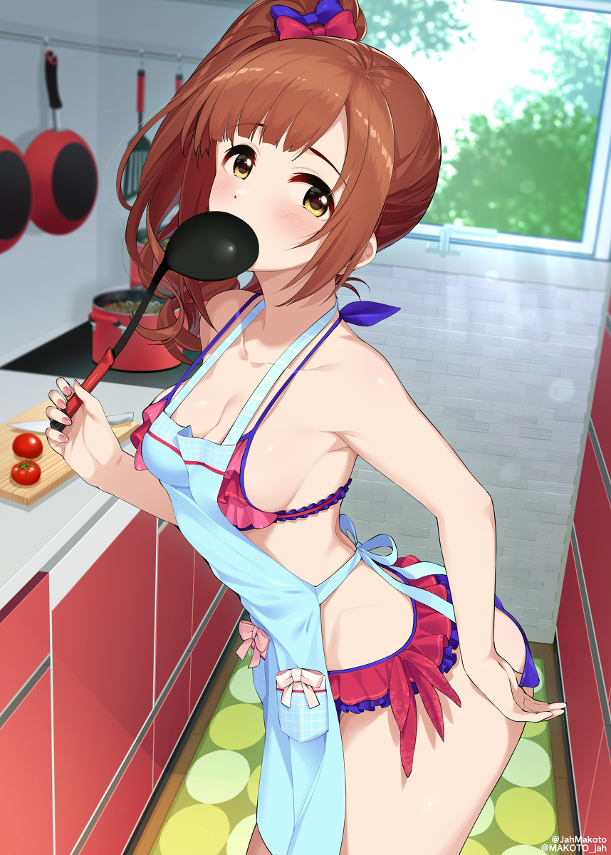 1girl blush breasts highres idolmaster idolmaster_cinderella_girls igarashi_kyoko kitchen large_breasts mizuki_makoto ponytail swimsuit
