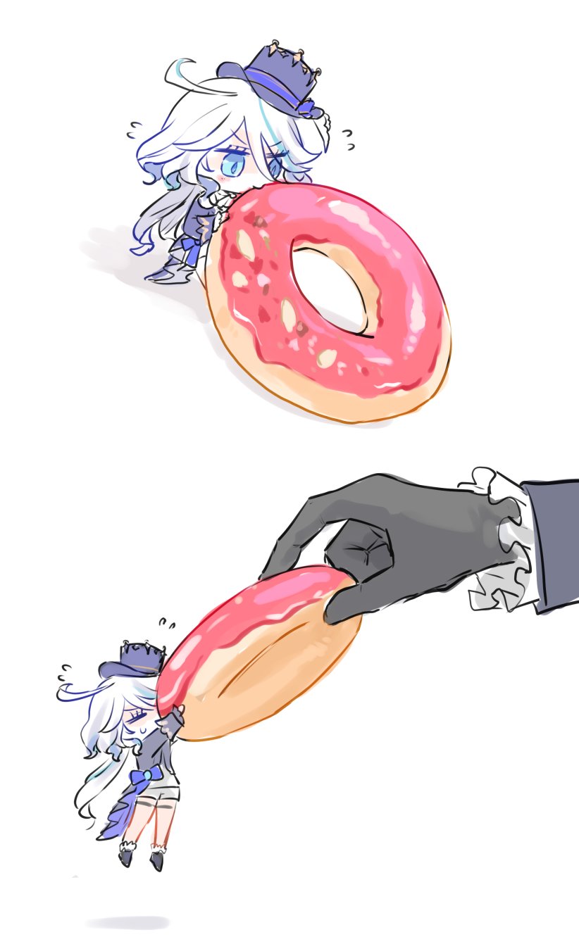1boy 1girl ahoge biting black_footwear black_gloves blue_bow blue_eyes blue_hair blue_hat blue_jacket bow closed_eyes donut drop-shaped_pupils eyelashes flying_sweatdrops food frilled_sleeves frills furina_(genshin_impact) genshin_impact gloves hair_between_eyes hanging_on hat heterochromia highres himeko_(nico6v6pachi) holding holding_food jacket long_hair long_sleeves mini_person minigirl multicolored_hair multiple_views neuvillette_(genshin_impact) shoes short_shorts shorts sidelocks simple_background sleeve_cuffs socks streaked_hair swept_bangs symbol-shaped_pupils thigh_strap tilted_headwear top_hat v-shaped_eyebrows white_background white_hair white_shorts white_socks