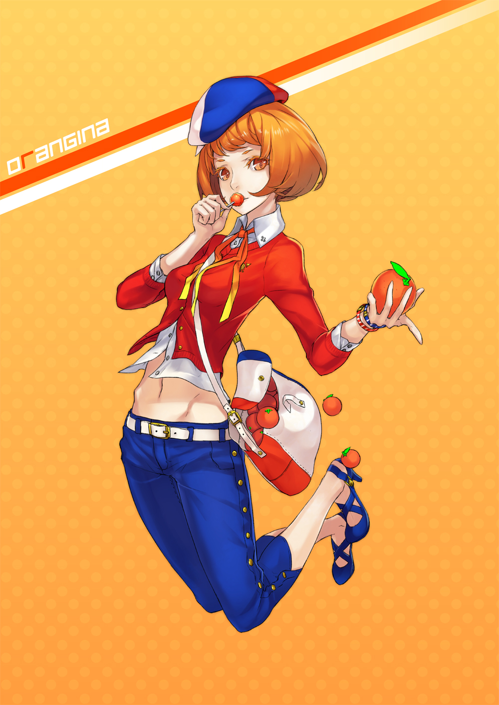 1girl bad_id bad_pixiv_id belt blue_hat buckle candy crop_top denim female_focus food fruit full_body hat high_heels highres jeans leaf lollipop looking_at_viewer midriff navel neco orange_(fruit) orange_hair orangina pants polka_dot polka_dot_background short_hair simple_background solo yellow_background