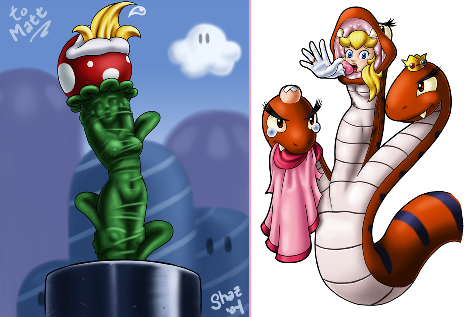 1girl blonde_hair crown fangs helpless imminent_death inside_creature mario_(series) nintendo peril piranha_plant princess princess_peach reptile scared shaxbert signature snake super_mario_bros._1 super_mario_bros._2 swallowing three_heads torn_clothes tryclyde vore