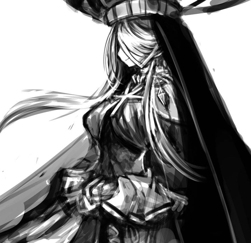 1girl anmita_(rarutos) breasts closed_mouth commentary_request dress greyscale hair_over_eyes hat hollow_song_of_birds large_breasts long_hair monochrome original set-taishou simple_background sketch smile solo touhou veil white_background