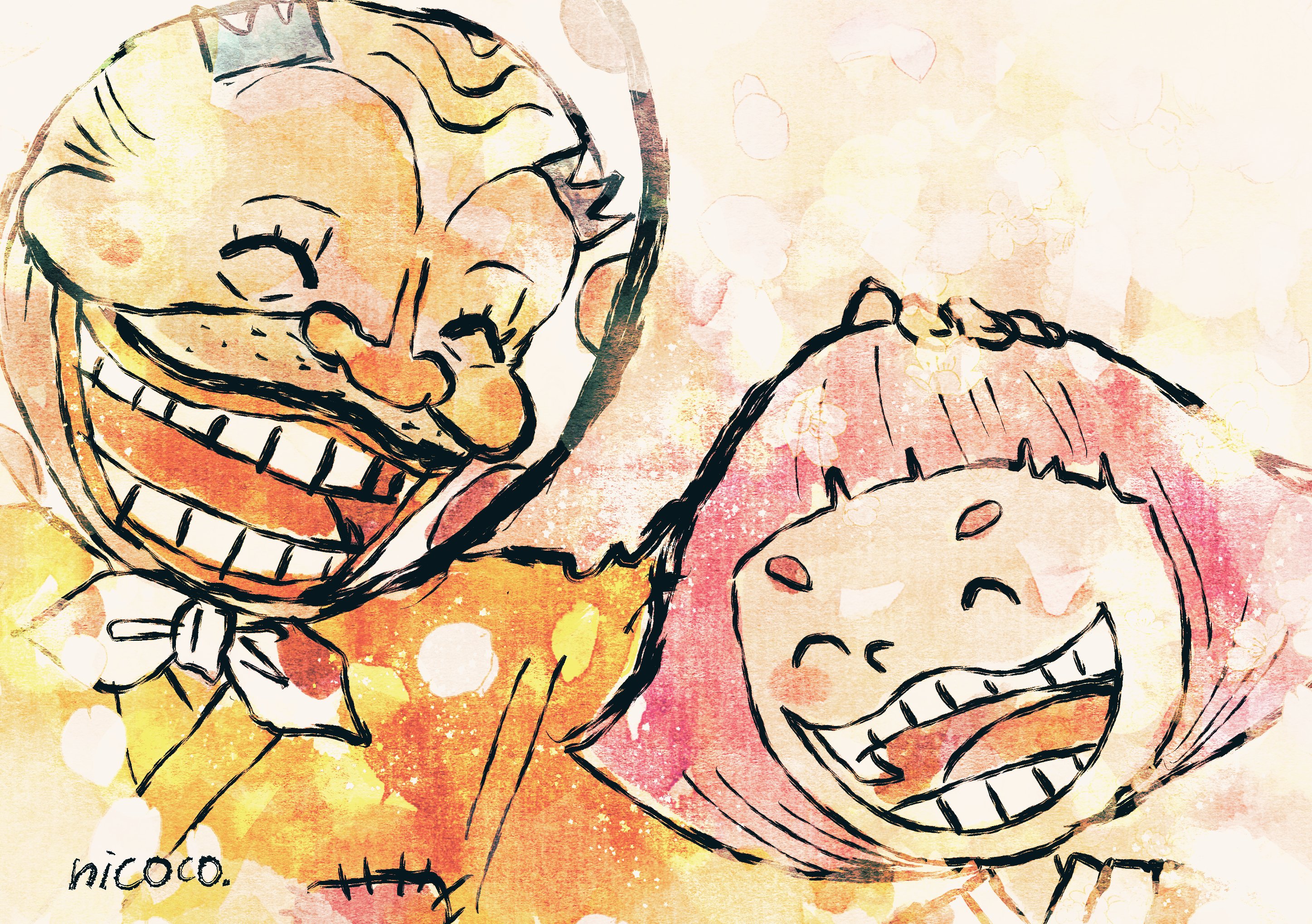 1boy 1girl ^_^ blush_stickers bob_cut child close-up closed_eyes commentary_request father_and_daughter furol_nicoco hand_on_another&#039;s_head headscarf highres japanese_clothes kimono one_piece orange_kimono pink_hair shimotsuki_yasuie short_eyebrows signature smile toko_(one_piece) upper_body