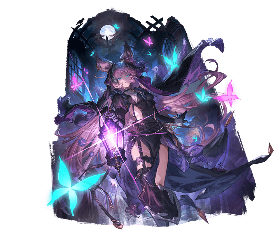 2girls animal_ear_fluff animal_ears black_cloak black_gloves blue_butterfly blue_eyes breasts bug butterfly choppy_bangs cloak clothing_cutout djeeta_(granblue_fantasy) erune expressionless facing_viewer falling_petals floating_hair full_moon garter_belt gloves glowing_butterfly granblue_fantasy halloween halloween_costume holding holding_lantern impossible_clothes insect lantern long_hair looking_at_viewer medium_breasts minaba_hideo moon multiple_girls night night_sky nun official_alternate_costume official_art parted_lips pelvic_curtain petals pink_butterfly pink_hair side_cutout sky third-party_source tien_(granblue_fantasy) transparent_background tsurime turtleneck veil very_long_hair wind wind_lift window
