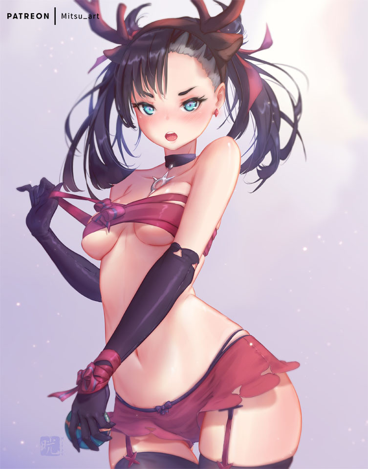 1girl animal_ears antlers aqua_eyes artist_name asymmetrical_bangs asymmetrical_hair bare_shoulders black_choker black_gloves black_hair black_thighhighs blush breasts choker collarbone commentary cosplay dusk_ball earrings elbow_gloves english_commentary fur_trim gen_5_pokemon gloves hair_ornament hair_ribbon holding holding_poke_ball horns jewelry long_hair looking_at_viewer marnie_(pokemon) medium_breasts mitsu_(mitsu_art) navel nintendo open_clothes open_mouth panties patreon_username photoshop_(medium) poke_ball pokemon pokemon_swsh red_panties red_ribbon ribbon sarashi sawsbuck sawsbuck_(cosplay) sawsbuck_(winter) simple_background thighhighs twintails underwear v-shaped_eyebrows