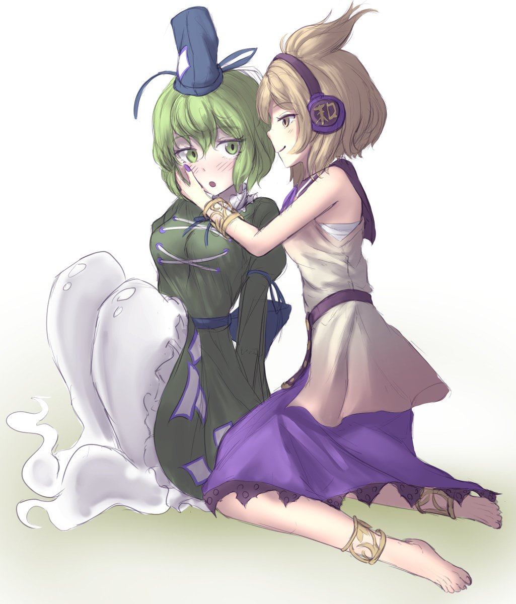2girls black_hat blush brown_dress brown_hair commentary cross-laced_clothes dress earmuffs green_dress green_eyes green_hair hat highres juliet_sleeves long_sleeves looking_at_viewer multiple_girls open_mouth pointy_hair puffy_sleeves purple_skirt pygrenix short_hair skirt soga_no_tojiko tate_eboshi touhou toyosatomimi_no_miko yuri