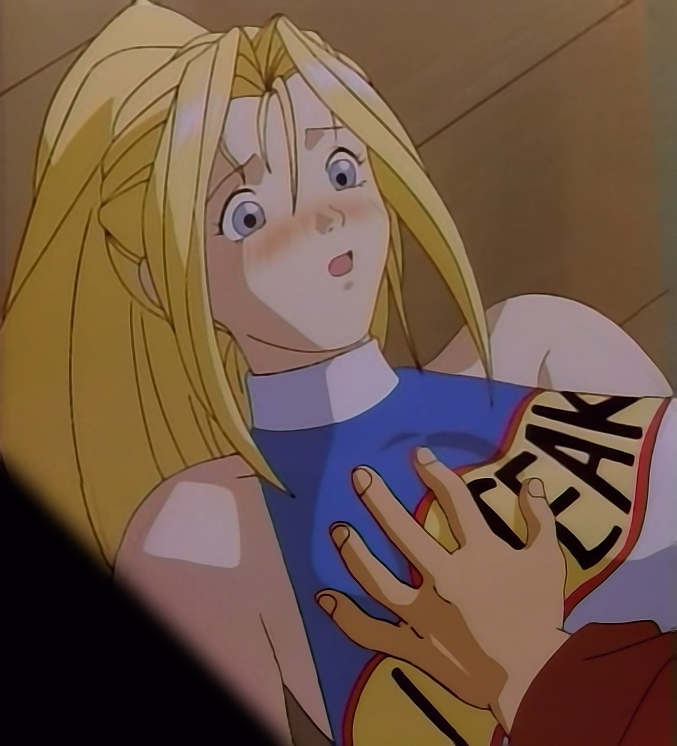 1990s_(style) 1boy 1girl accident anime_screenshot bare_shoulders blonde_hair blue_eyes breasts grabbing_another&#039;s_breast groping large_breasts lying on_back ponytail retro_artstyle sarah_bryant stitched third-party_edit virtua_fighter yuki_akira