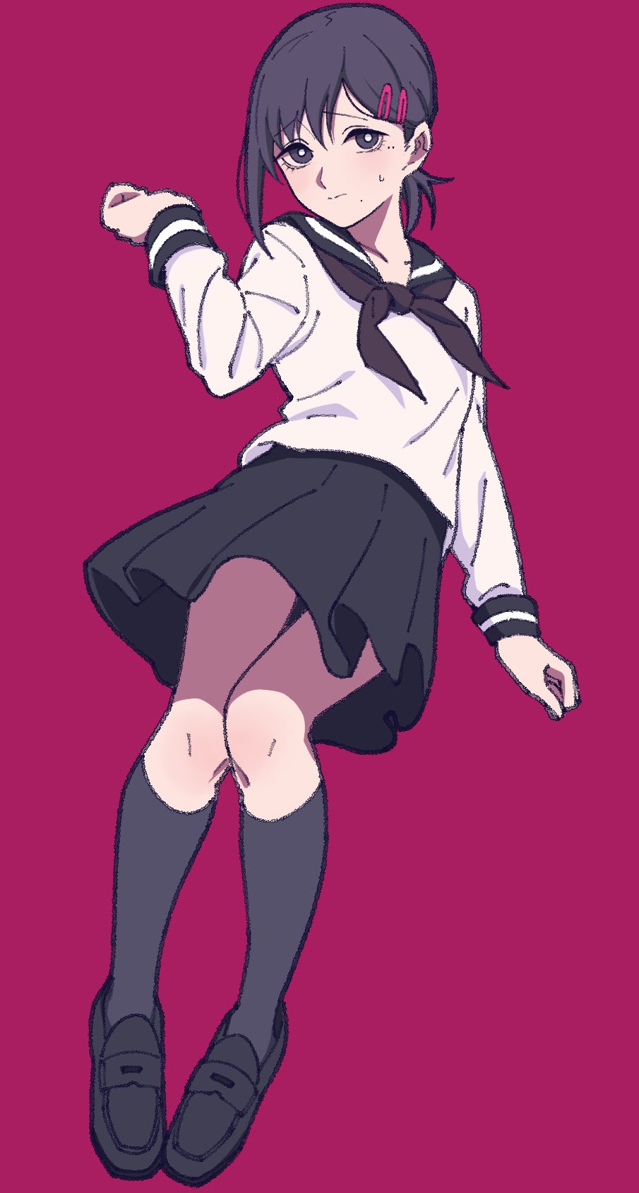 1girl black_hair black_neckerchief black_sailor_collar black_shoes black_skirt black_socks chainsaw_man full_body hair_ornament hairclip higashiyama_kobeni highres kashiwa_(iersansi) kneehighs loafers long_sleeves mole mole_under_mouth neckerchief pleated_skirt ponytail red_background sailor_collar school_uniform serafuku shoes short_ponytail simple_background skirt socks solo