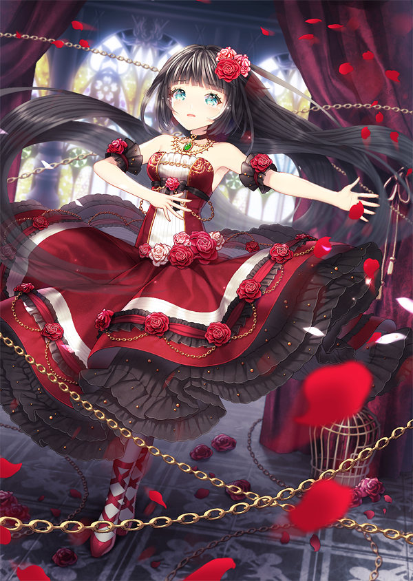 1girl aqua_eyes bare_shoulders black_hair chain dress female_focus flower hair_flower hair_ornament jewelry long_hair necklace original petals rose_petals saban solo