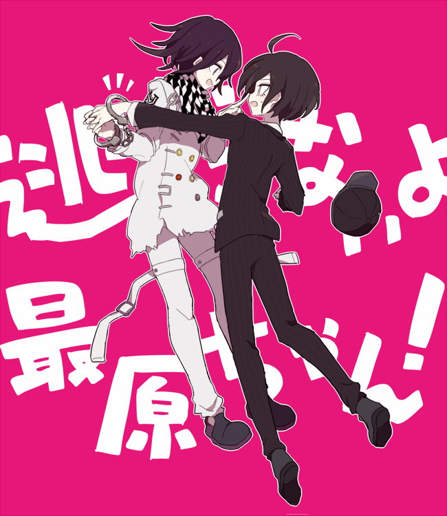 2boys ahoge baseball_cap belt belt_buckle black_footwear black_hair black_hat black_jacket black_pants black_scarf buckle buttons chain checkered_clothes checkered_scarf commentary_request crest danganronpa_(series) danganronpa_v3:_killing_harmony double-breasted eye_contact face-to-face finger_to_another&#039;s_nose from_behind full_body grey_footwear hat hat_loss holding_hands jacket layered_sleeves light_blush long_sleeves looking_at_another male_focus multicolored_buttons multiple_belts multiple_boys notice_lines oma_kokichi open_belt open_mouth outline pants pink_background pinstripe_jacket pinstripe_pants pinstripe_pattern pocket poking_nose purple_eyes purple_hair ruri_(2620981) saihara_shuichi scarf shared_handcuffs shoes short_hair smile surprised sweatdrop thigh_belt thigh_strap torn_clothes torn_jacket translation_request two-tone_scarf white_belt white_jacket white_outline white_pants white_scarf white_undershirt wrist_belt yaoi yellow_eyes