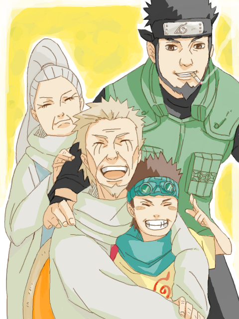 1girl 3boys beard facial_hair family father_and_son forehead_protector goggles goggles_on_head grandfather_and_grandson grandmother_and_grandson grin hug husband_and_wife konohagakure_symbol looking_at_viewer mother_and_son multiple_boys naruto_(classic) naruto_(series) old old_man old_woman sarutobi_asuma sarutobi_biwako sarutobi_hiruzen sarutobi_konohamaru shinano smile smoke smoking uncle_and_nephew vest
