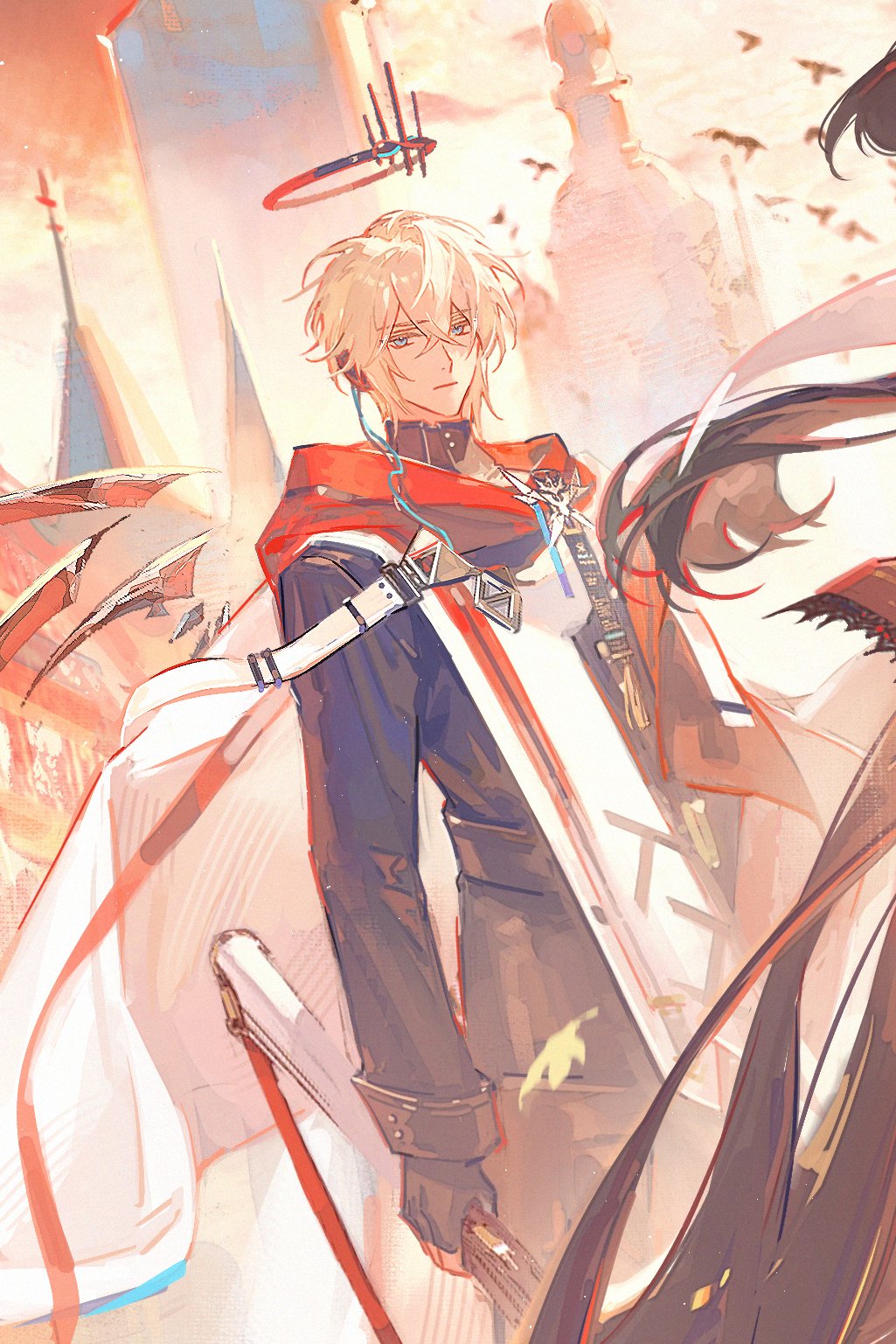 1boy 1girl arknights black_gloves black_pants black_shirt black_wings blue_eyes blurry building day detached_wings energy_wings executor_(arknights) executor_the_ex_foedere_(arknights) expressionless fingerless_gloves floating_clothes flock gloves gun halo highres holding holding_gun holding_weapon long_sleeves looking_at_viewer male_focus mechanical_halo out_of_frame outdoors pants renjian_shilian shirt short_hair solo_focus two-tone_cloak virtuosa_(arknights) weapon white_hair wings
