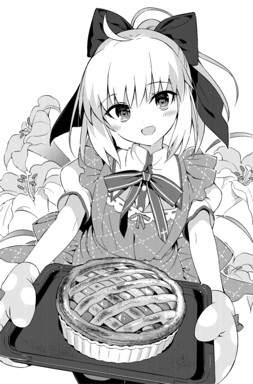 1girl :d apron artoria_pendragon_(fate) back_bow baking_sheet blush bow bowtie fate/grand_order fate/unlimited_codes fate_(series) floral_background flower food hair_bow hanabana_tsubomi highres lily_(flower) looking_at_viewer name_connection object_namesake open_mouth oven_mitts pie ponytail saber_lily short_hair short_sleeves simple_background smile solo
