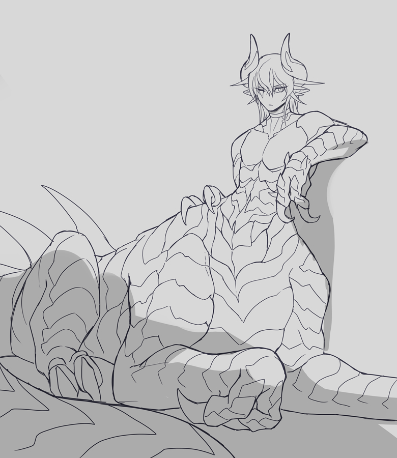 1boy animal_hands centauroid claws commentary_request dragon_boy dragon_horns grey_background greyscale horns ignador_(mountain_of_heaven) ketaru male_focus monochrome monster_boy one_eye_closed partially_blind pixiv_fantasia pixiv_fantasia_mountain_of_heaven pointy_ears scar scar_across_eye scar_on_face short_hair simple_background sitting solo taur