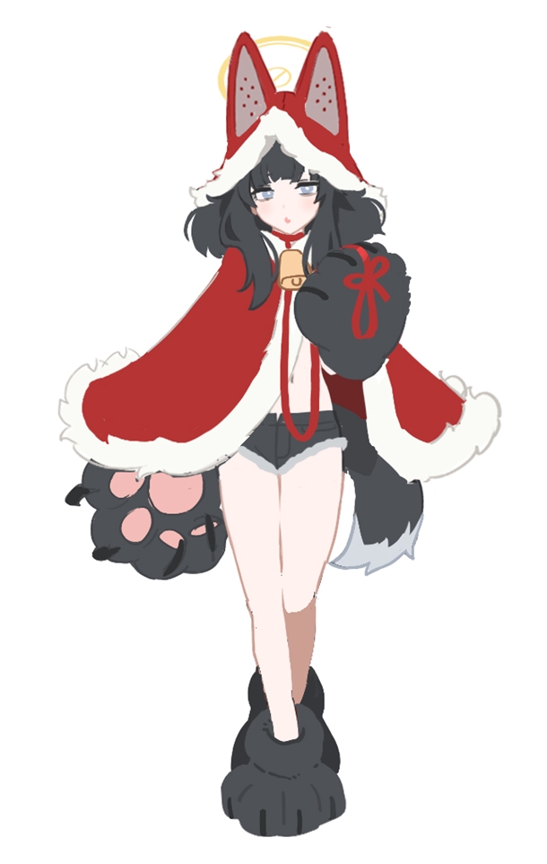 1girl alternate_costume animal_costume animal_ears animal_hands bell black_hair blue_archive blush cat_paws christmas concept_art cowbell dog_ears dog_tail fake_animal_ears full_body fur_trim gloves hibiki_(blue_archive) leash long_hair looking_at_viewer medium_hair mimitoke neck_bell paw_gloves paw_shoes purple_eyes shoes shorts simple_background solo standing tail white_background